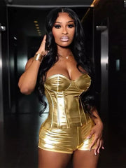 Elegant Shiny Sweetheart Corset Top And Mini Skirt Two-piece Set