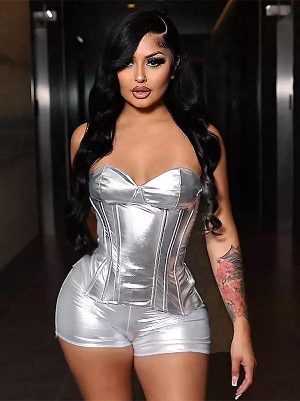 Elegant Shiny Sweetheart Corset Top And Mini Skirt Two-piece Set