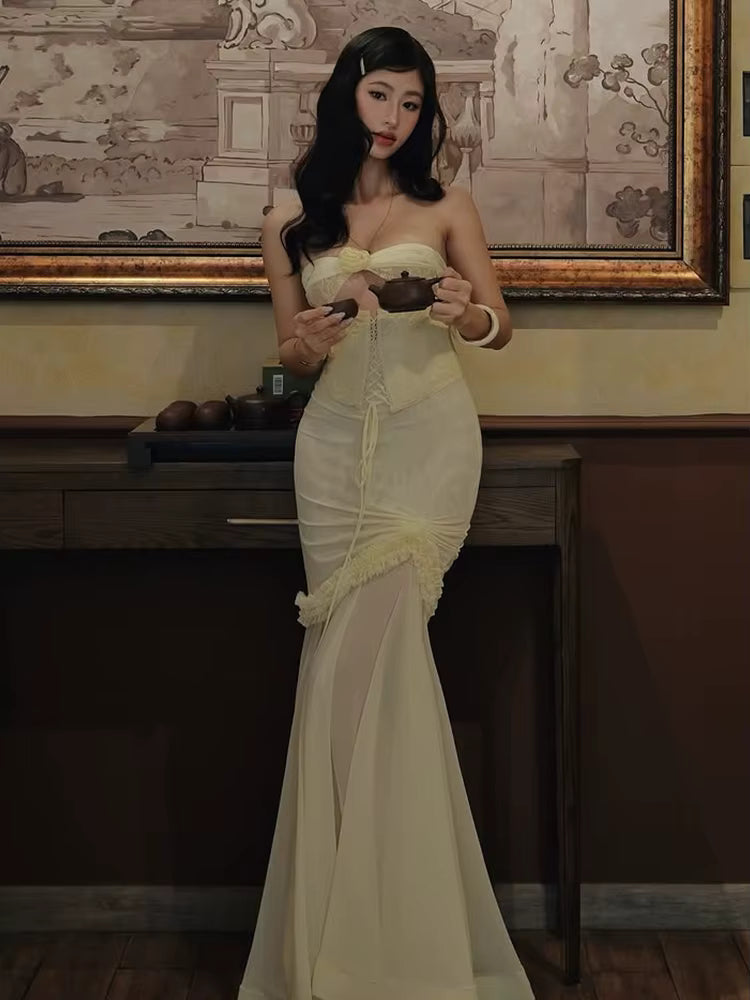 Elegant Shirring Fishtail Ruffles Patchwork Bandage Hollow Maxi Dress