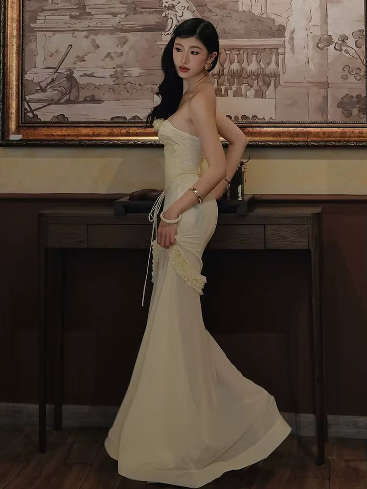 Elegant Shirring Fishtail Ruffles Patchwork Bandage Hollow Maxi Dress