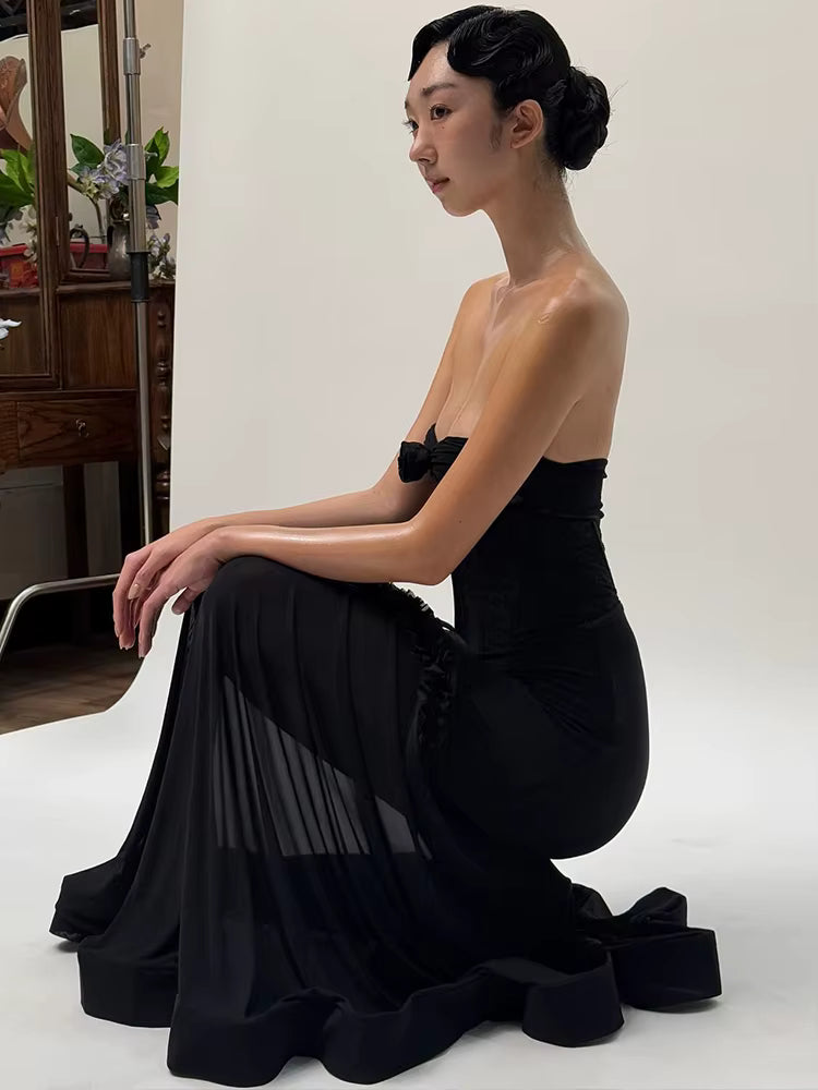 Elegant Shirring Fishtail Ruffles Patchwork Bandage Hollow Maxi Dress