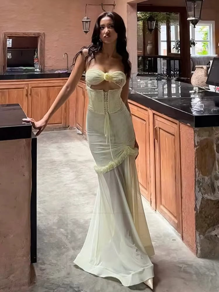 Elegant Shirring Fishtail Ruffles Patchwork Bandage Hollow Maxi Dress