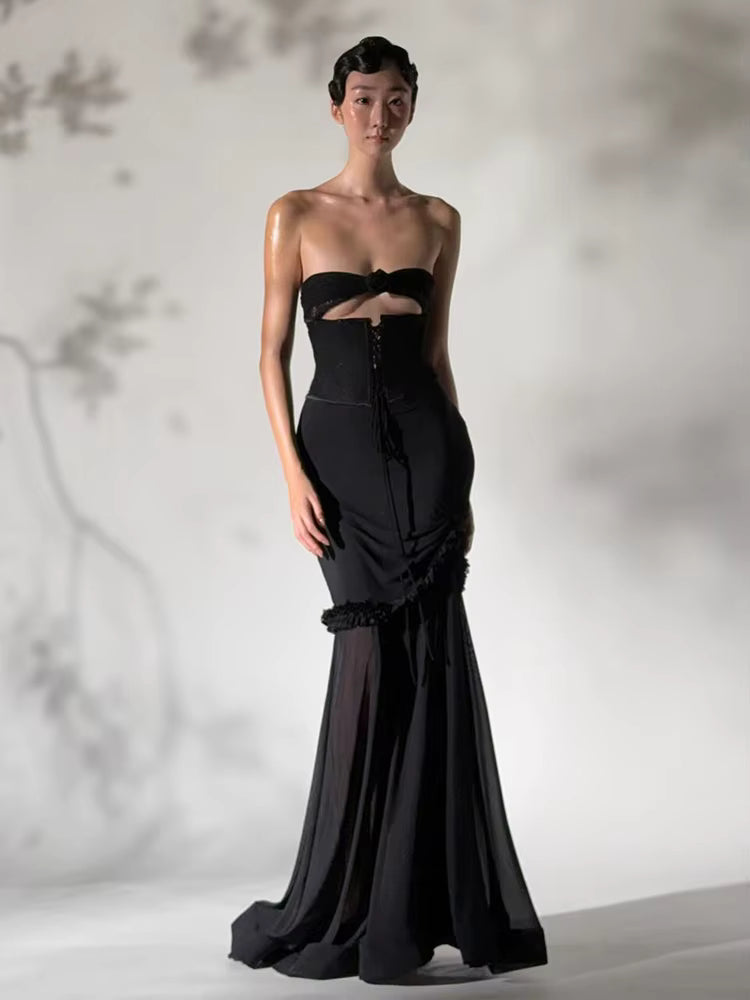 Elegant Shirring Fishtail Ruffles Patchwork Bandage Hollow Maxi Dress