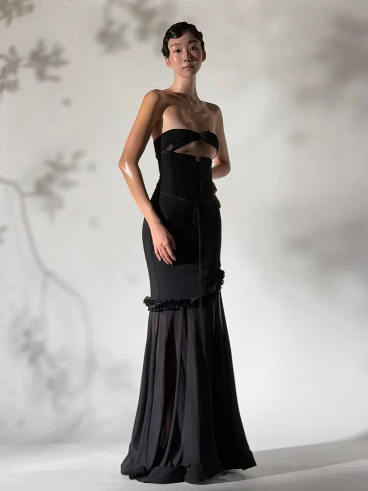 Elegant Shirring Fishtail Ruffles Patchwork Bandage Hollow Maxi Dress