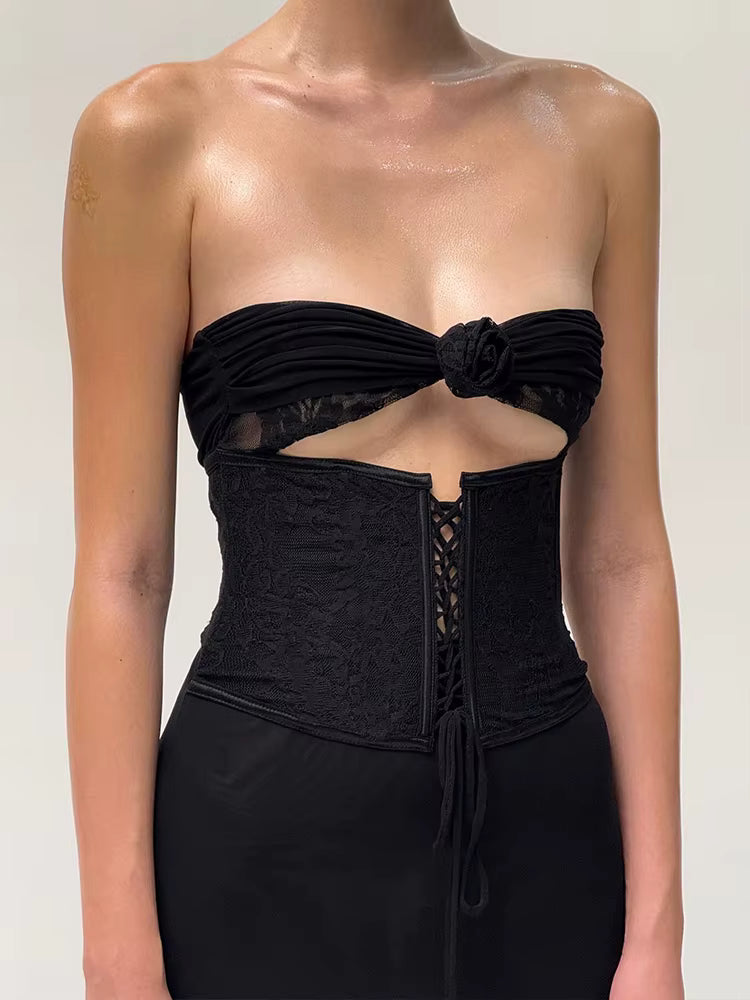 Elegant Shirring Fishtail Ruffles Patchwork Bandage Hollow Maxi Dress