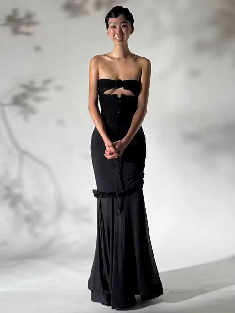 Elegant Shirring Fishtail Ruffles Patchwork Bandage Hollow Maxi Dress