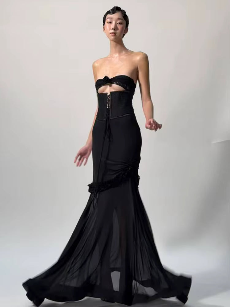 Elegant Shirring Fishtail Ruffles Patchwork Bandage Hollow Maxi Dress