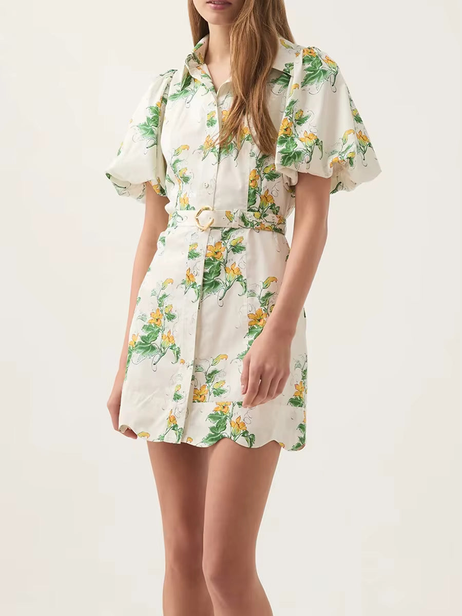 Elegant Short Lapel Lantern Sleeve High Waist Patchwork Sashes Printed Shirts Dress