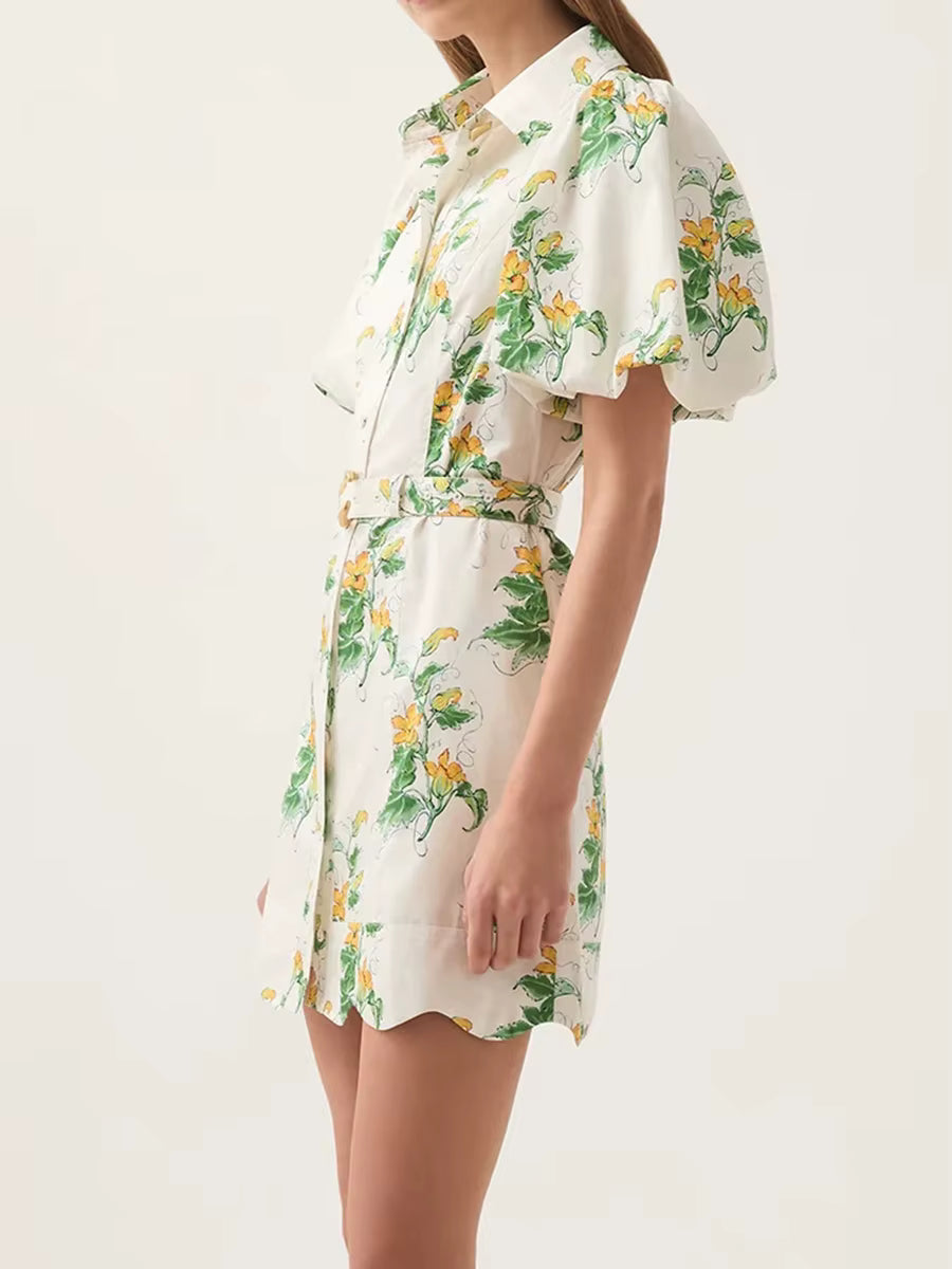 Elegant Short Lapel Lantern Sleeve High Waist Patchwork Sashes Printed Shirts Dress