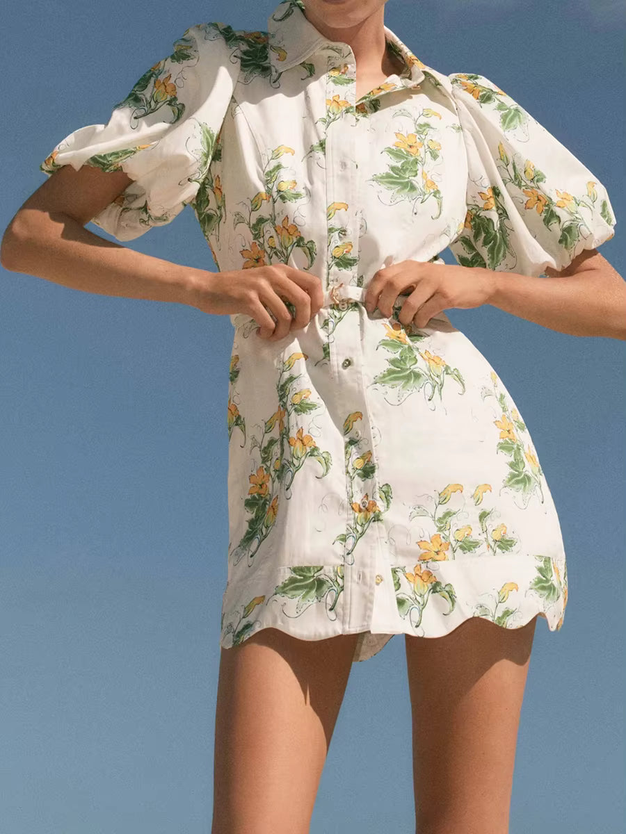 Elegant Short Lapel Lantern Sleeve High Waist Patchwork Sashes Printed Shirts Dress