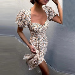 Elegant Short Puff Sleeve Print Dress