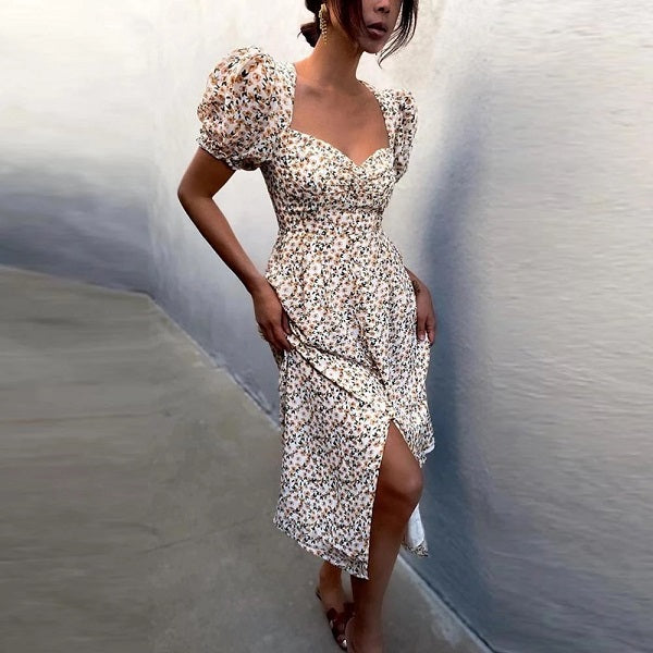 Elegant Short Puff Sleeve Print Dress