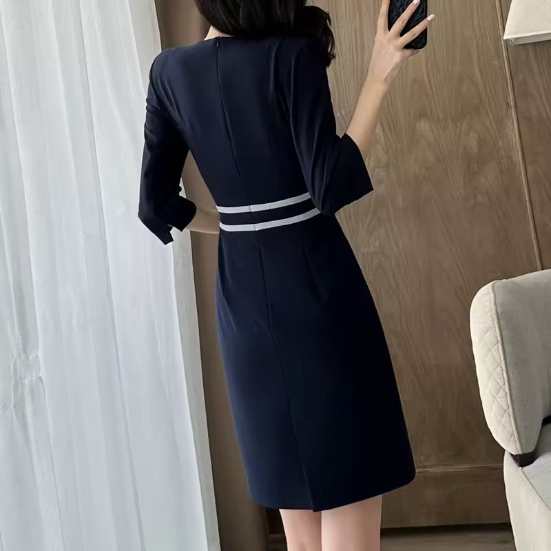 Elegant Short Sleeve Business Formal O-Neck Slim Office Pencil Blazer Dress