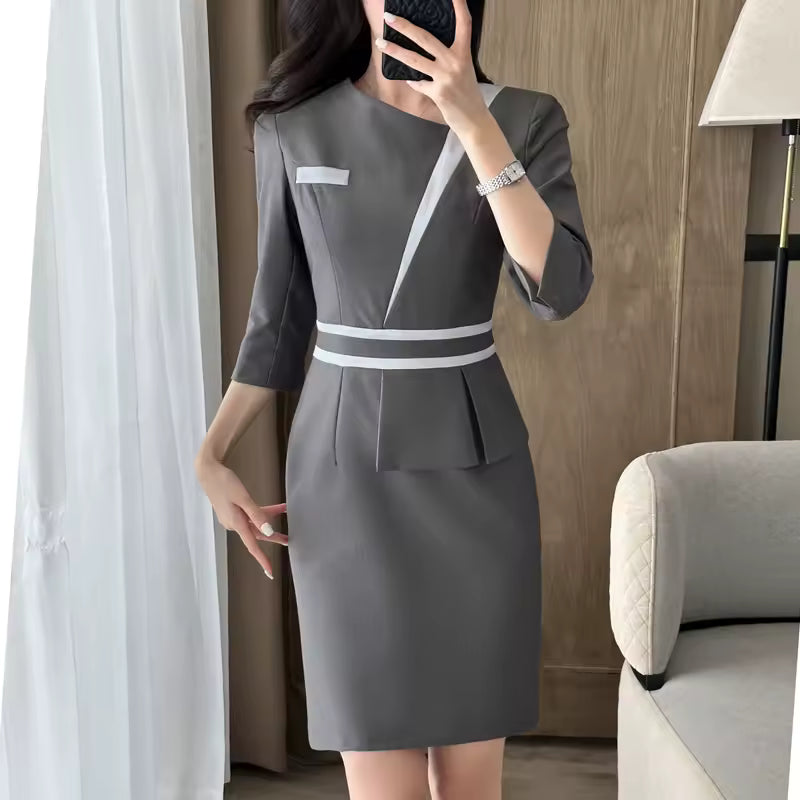 Elegant Short Sleeve Business Formal O-Neck Slim Office Pencil Blazer Dress