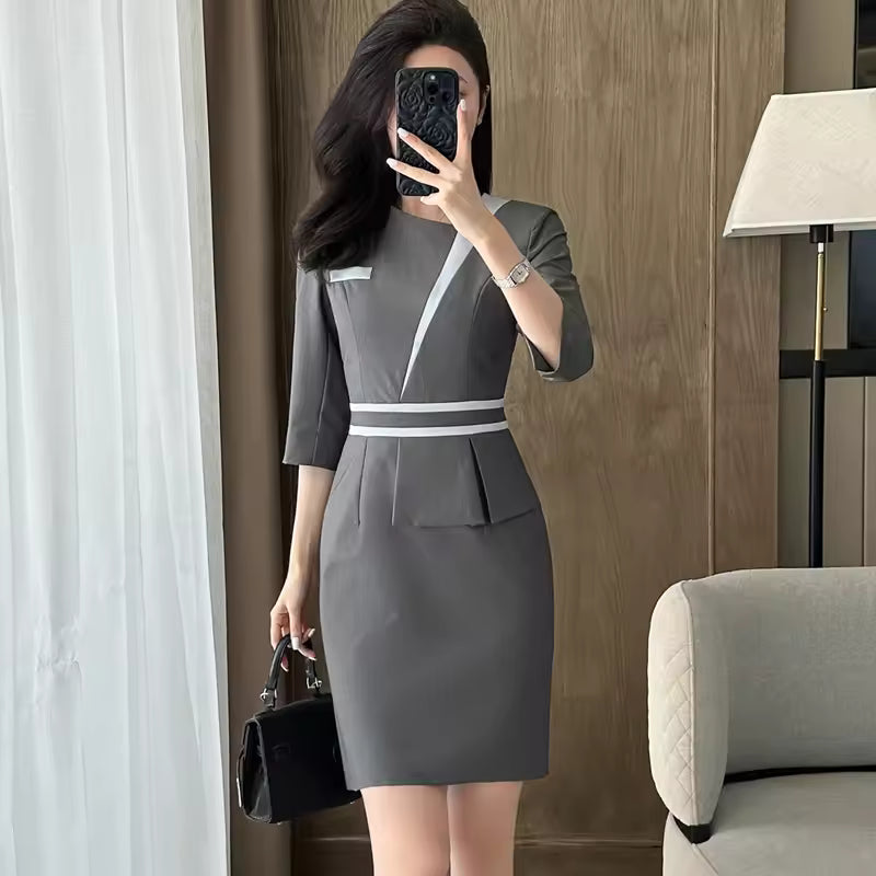 Elegant Short Sleeve Business Formal O-Neck Slim Office Pencil Blazer Dress