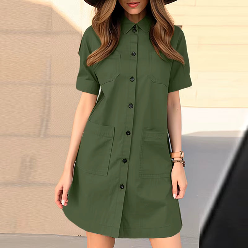 Elegant Short Sleeve Button Up Turn-Down Collar Knee-length Mini Dress