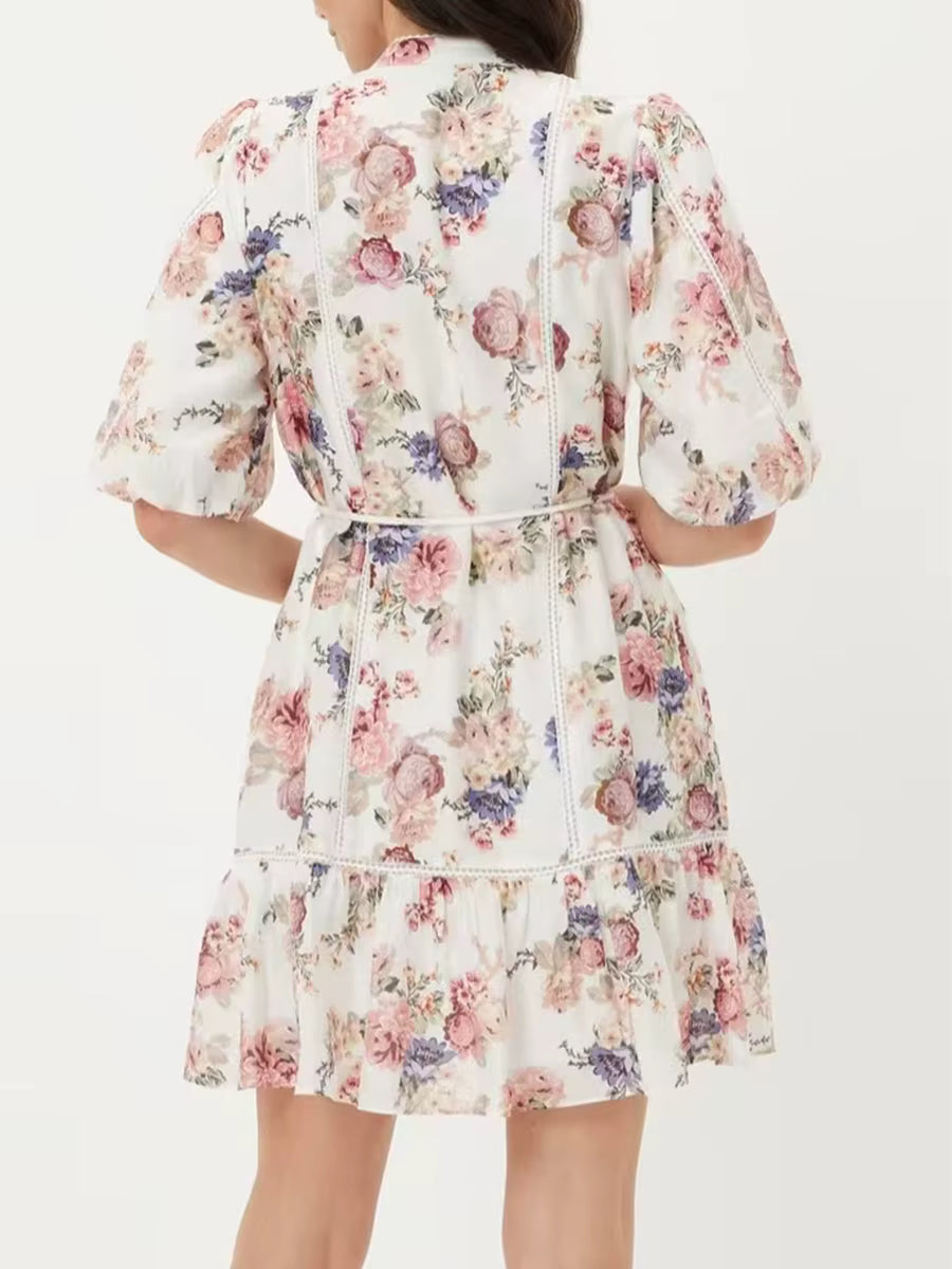 Elegant Short Sleeve High Waist Patchwork Single Breasted Spliced Lace Up Mini Dress