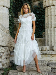 Elegant Short Sleeve Illusion Neckline Ruffles Layered Tulle Polka Dot Maxi Dresses