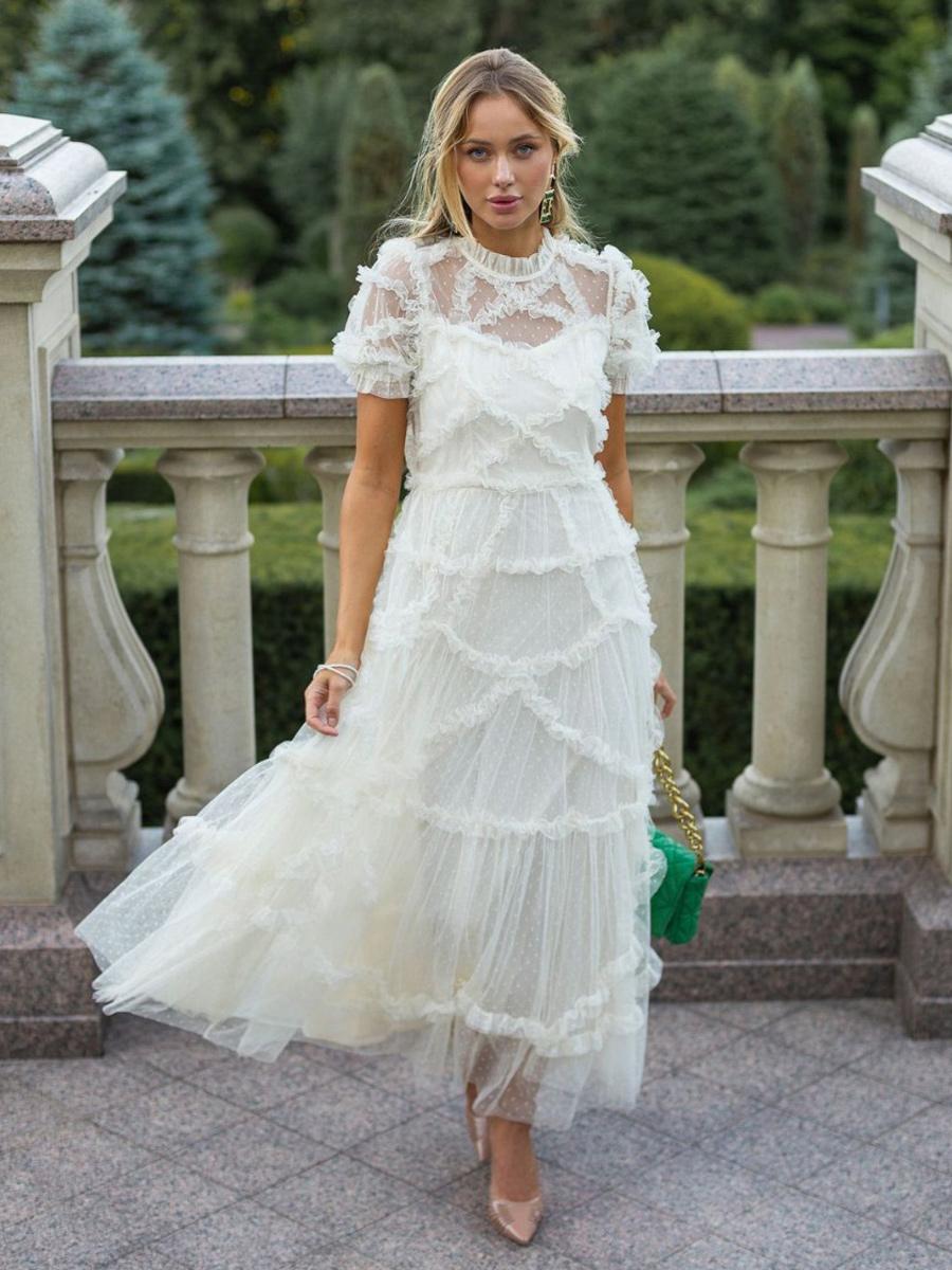 Elegant Short Sleeve Illusion Neckline Ruffles Layered Tulle Polka Dot Maxi Dresses