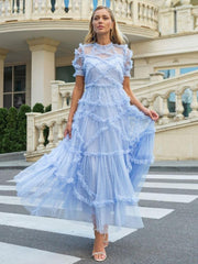 Elegant Short Sleeve Illusion Neckline Ruffles Layered Tulle Polka Dot Maxi Dresses