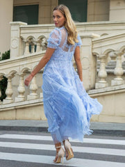Elegant Short Sleeve Illusion Neckline Ruffles Layered Tulle Polka Dot Maxi Dresses