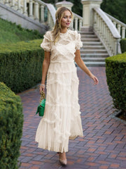 Elegant Short Sleeve Illusion Neckline Ruffles Layered Tulle Polka Dot Maxi Dresses