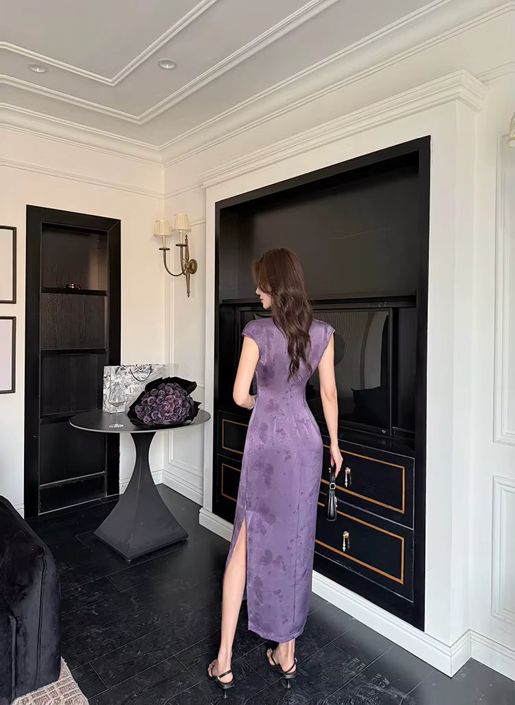 Elegant Short Sleeve Long Stand Collar Zipper Maxi Dresses