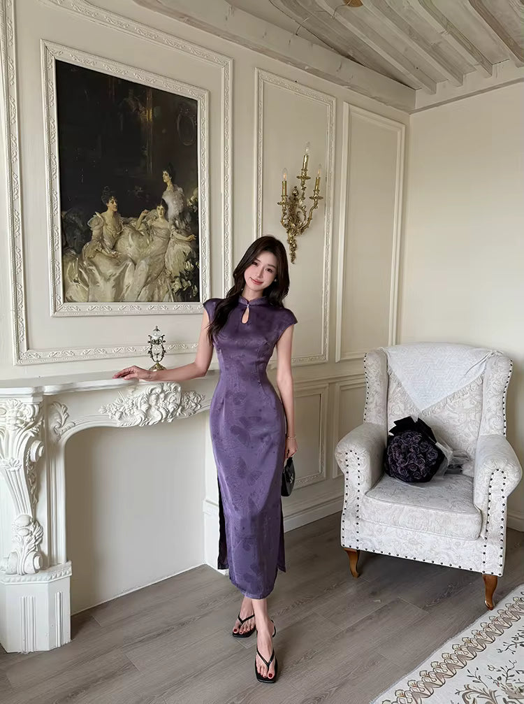 Elegant Short Sleeve Long Stand Collar Zipper Maxi Dresses