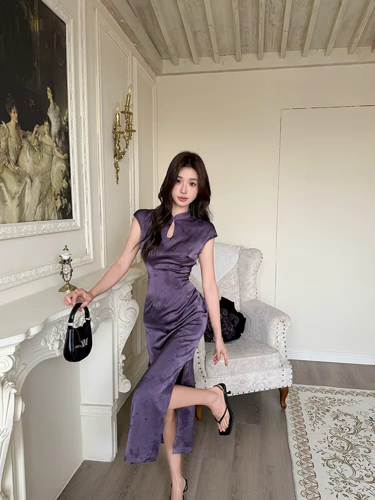 Elegant Short Sleeve Long Stand Collar Zipper Maxi Dresses