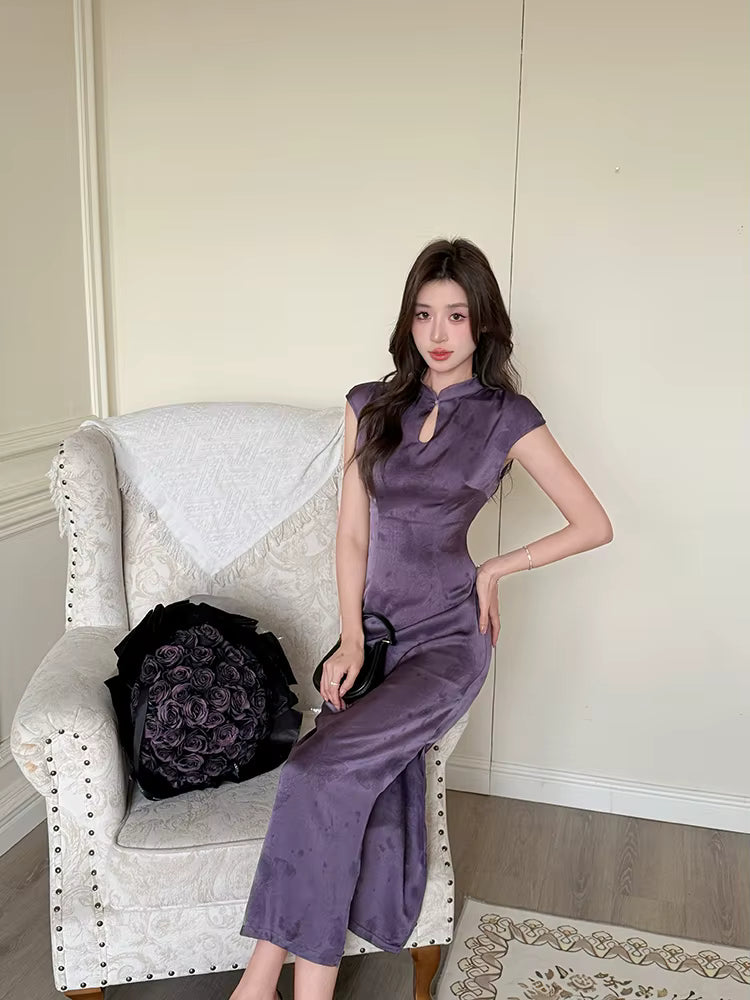 Elegant Short Sleeve Long Stand Collar Zipper Maxi Dresses