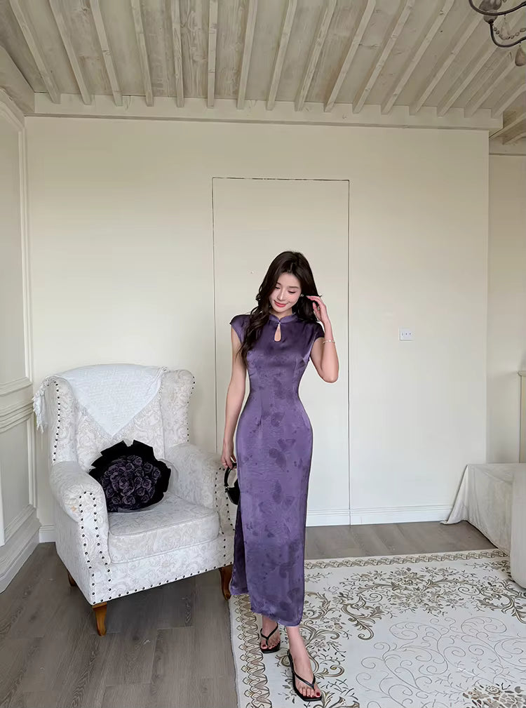 Elegant Short Sleeve Long Stand Collar Zipper Maxi Dresses