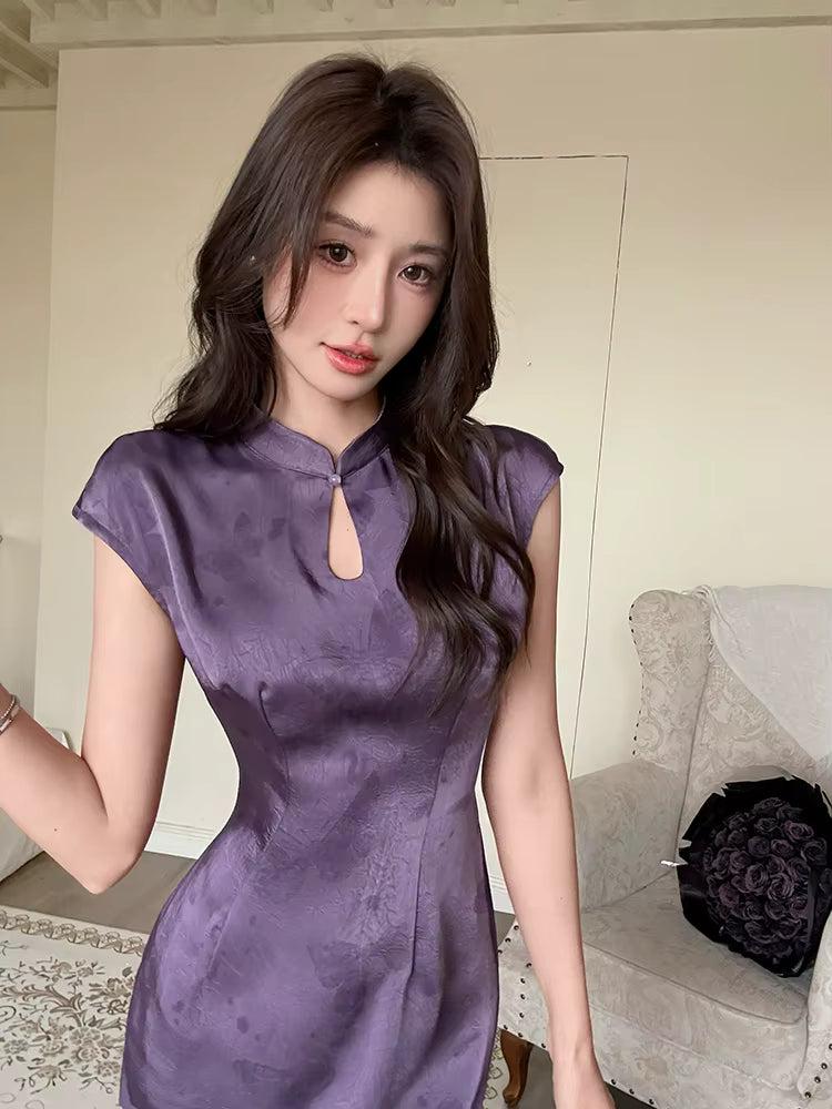 Elegant Short Sleeve Long Stand Collar Zipper Maxi Dresses