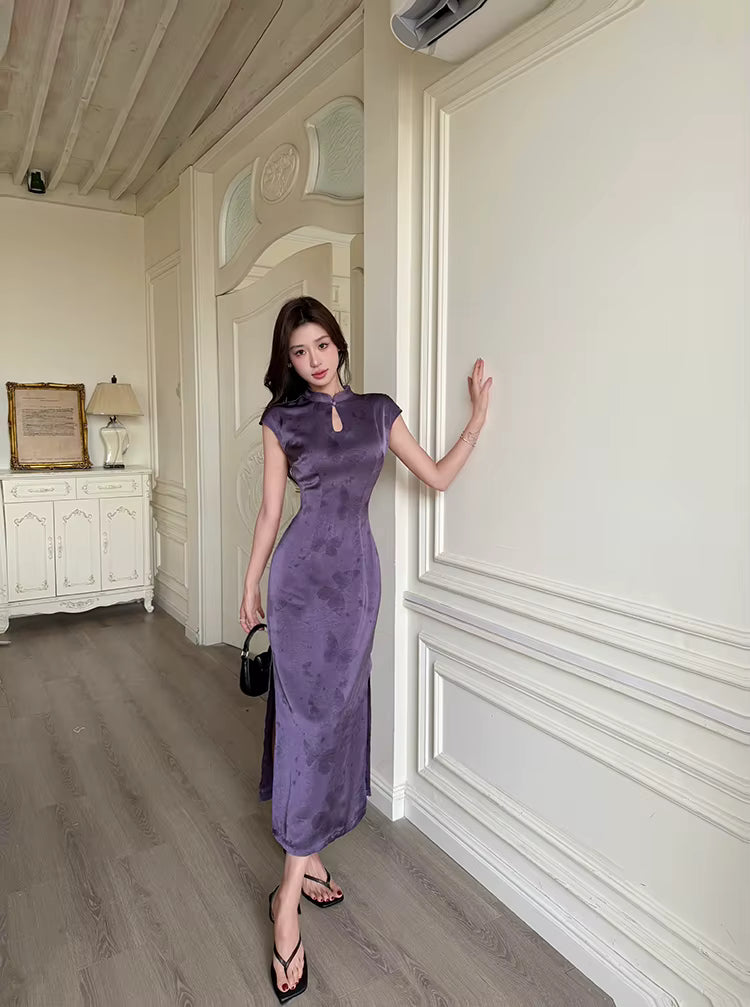 Elegant Short Sleeve Long Stand Collar Zipper Maxi Dresses