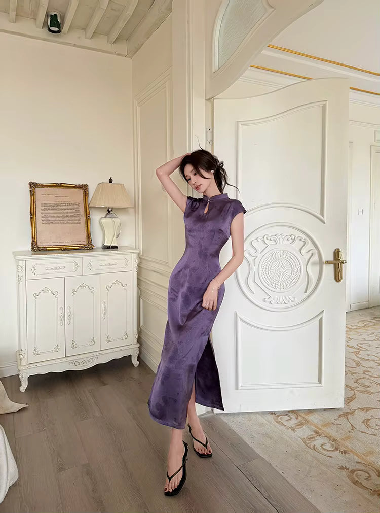 Elegant Short Sleeve Long Stand Collar Zipper Maxi Dresses