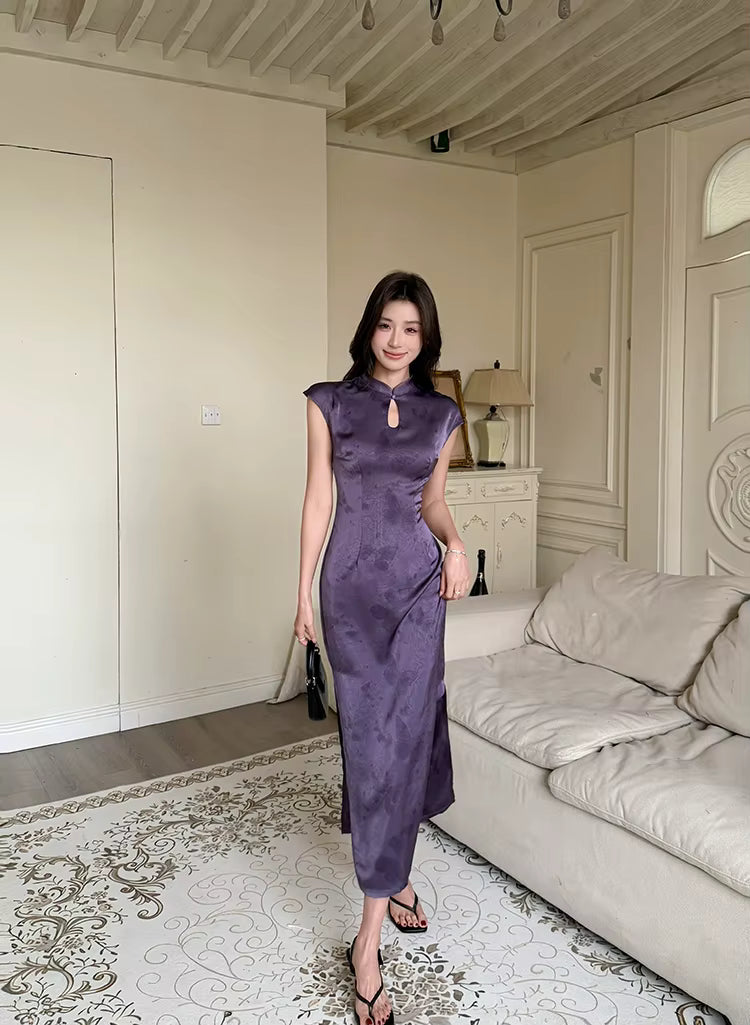 Elegant Short Sleeve Long Stand Collar Zipper Maxi Dresses