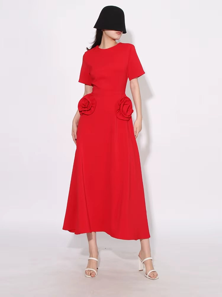 Elegant Short Sleeve Patchwork Appliques Mid-Calf Dress