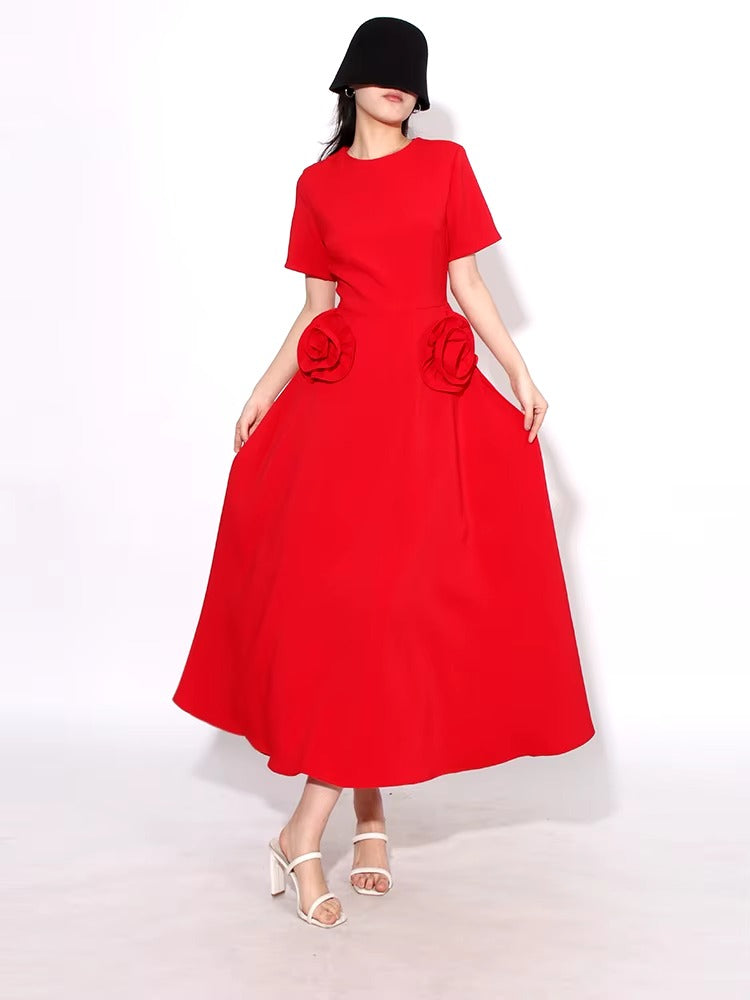 Elegant Short Sleeve Patchwork Appliques Mid-Calf Dress