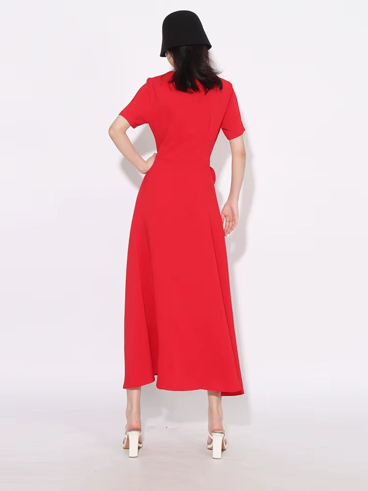 Elegant Short Sleeve Patchwork Appliques Mid-Calf Dress