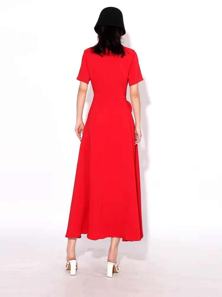 Elegant Short Sleeve Patchwork Appliques Mid-Calf Dress
