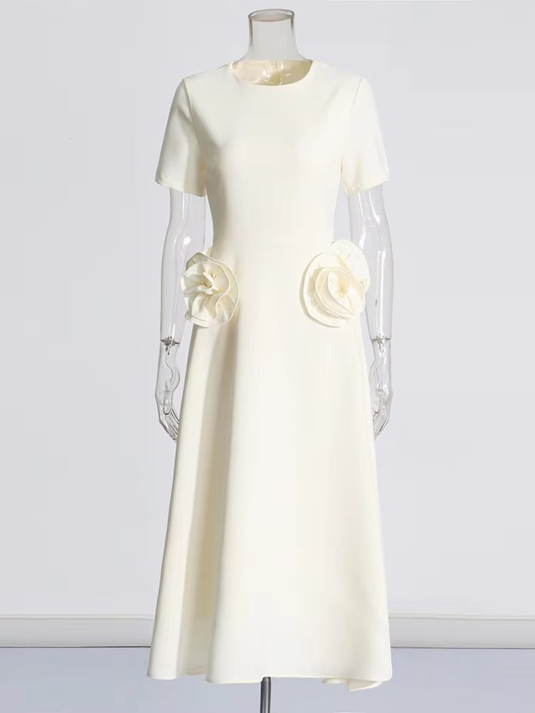 Elegant Short Sleeve Patchwork Appliques Mid-Calf Dress
