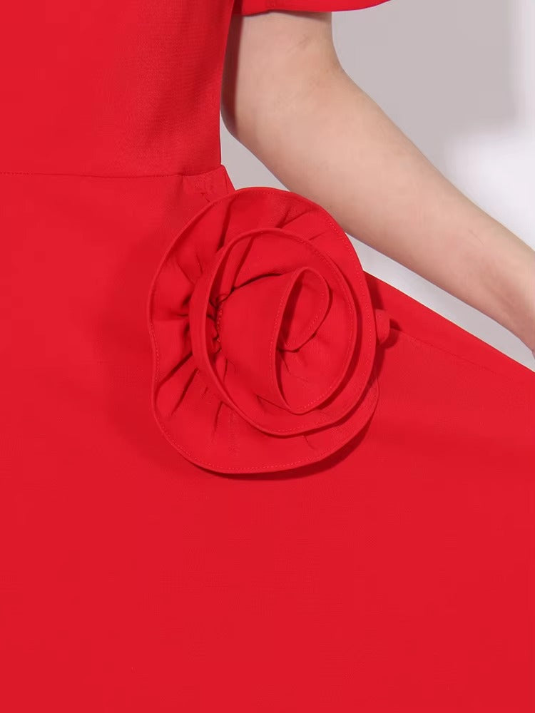 Elegant Short Sleeve Patchwork Appliques Mid-Calf Dress