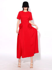 Elegant Short Sleeve Patchwork Appliques Mid-Calf Dress