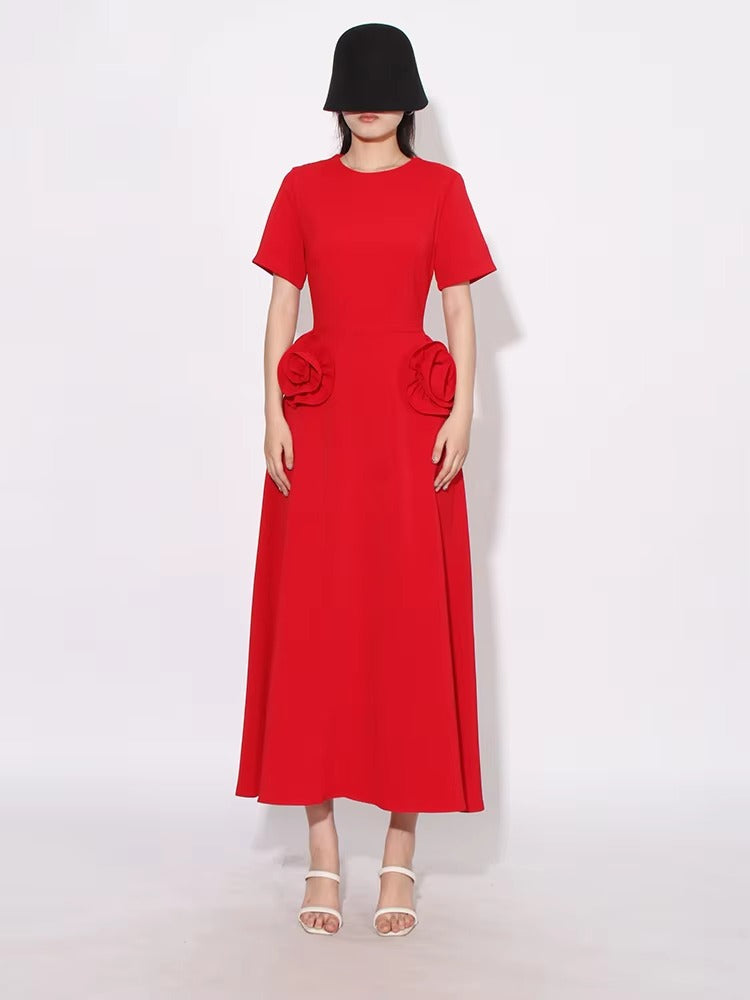 Elegant Short Sleeve Patchwork Appliques Mid-Calf Dress