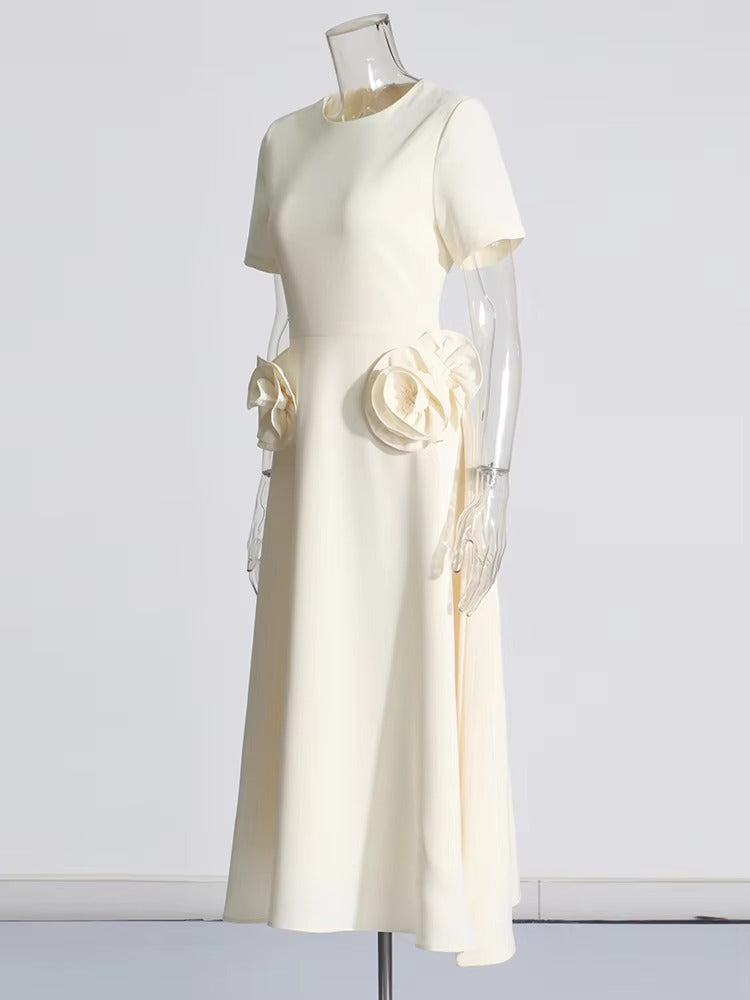 Elegant Short Sleeve Patchwork Appliques Mid-Calf Dress