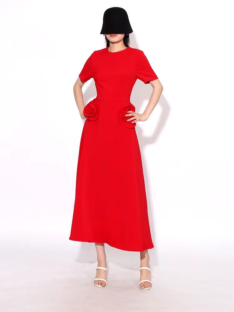 Elegant Short Sleeve Patchwork Appliques Mid-Calf Dress