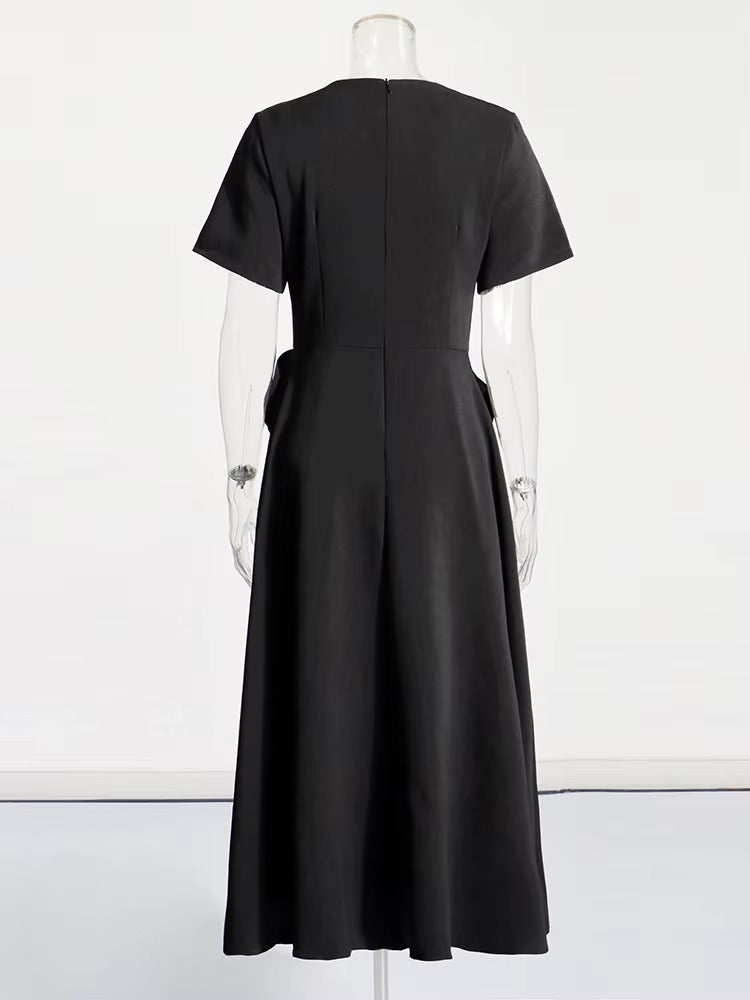 Elegant Short Sleeve Patchwork Appliques Mid-Calf Dress