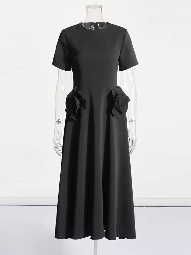 Elegant Short Sleeve Patchwork Appliques Mid-Calf Dress