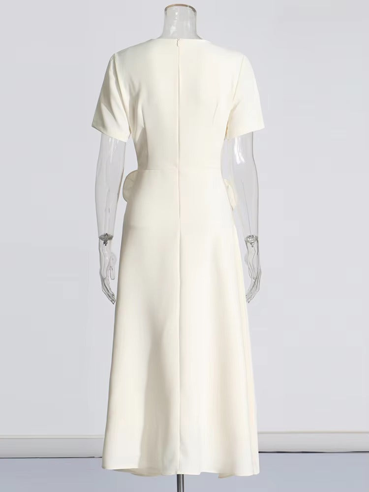 Elegant Short Sleeve Patchwork Appliques Mid-Calf Dress
