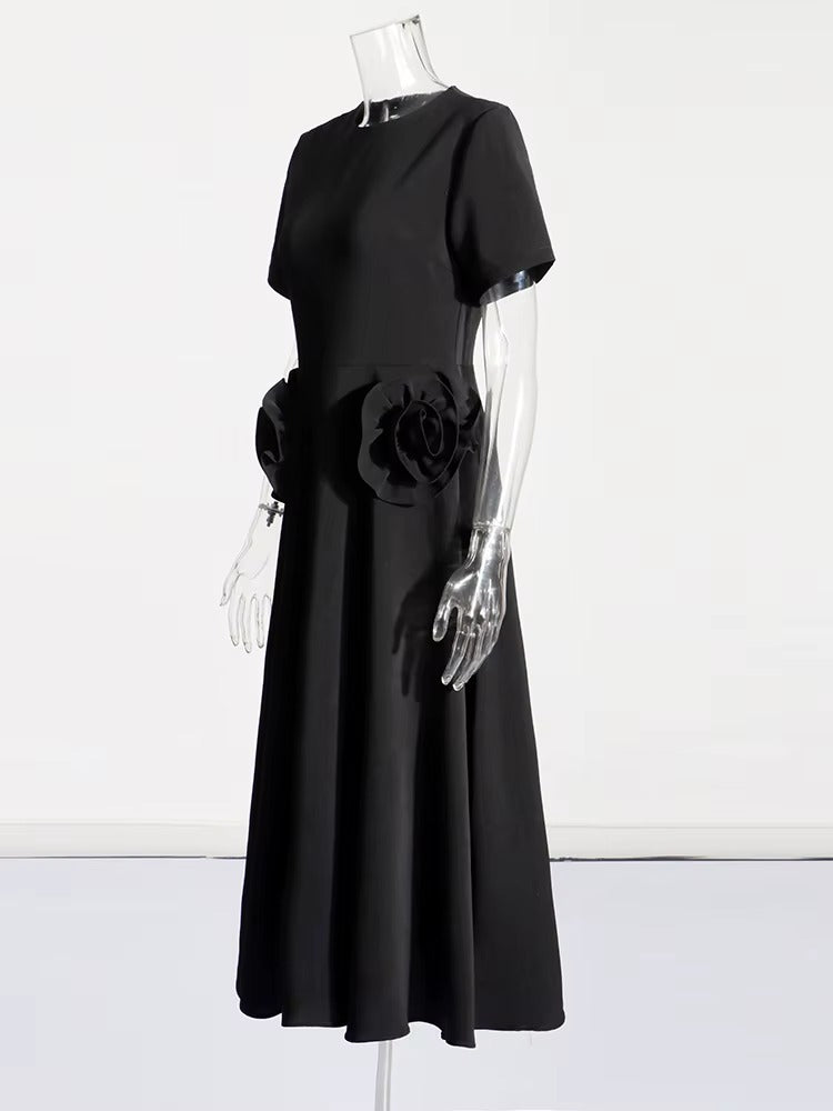 Elegant Short Sleeve Patchwork Appliques Mid-Calf Dress