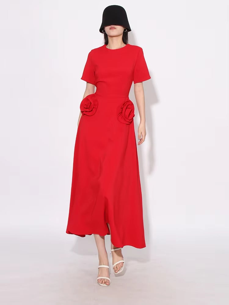Elegant Short Sleeve Patchwork Appliques Mid-Calf Dress